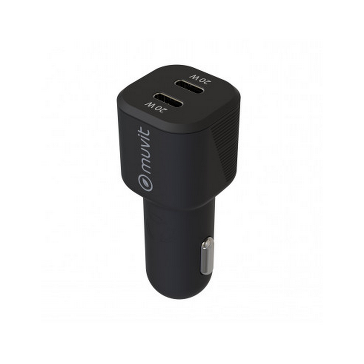Un cargador de coche negro con dos puertos USB. La marca es muvit.