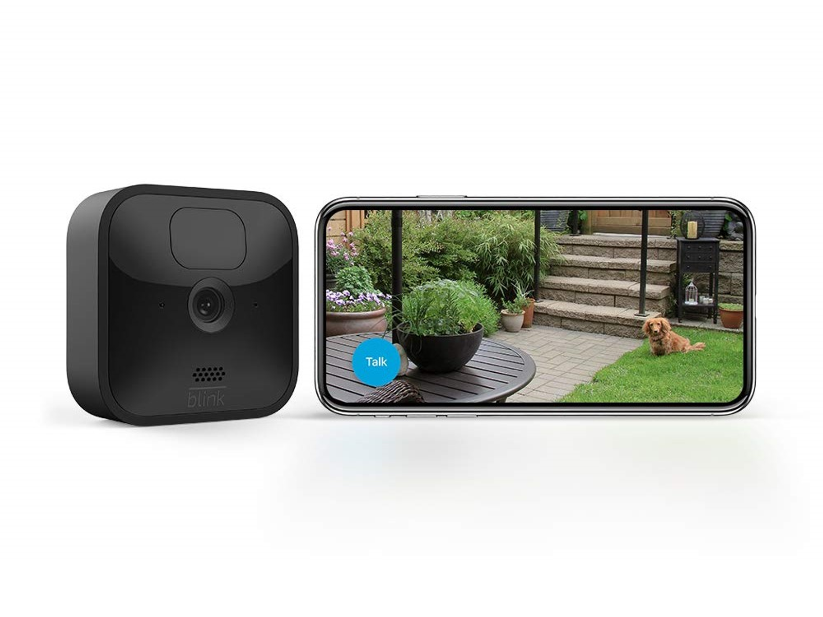 Telecamera di sicurezza Blink nera e un telefono che mostra un cortile con un cane e il testo 'Talk'.