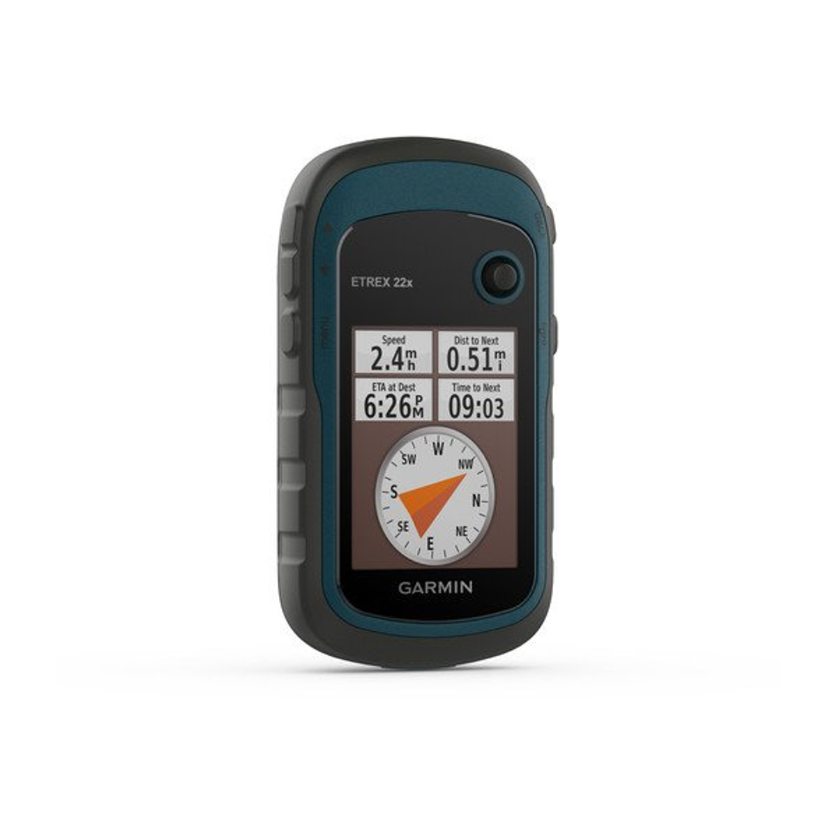 Un dispositivo GPS portátil negro y verde azulado con una pantalla que muestra datos.