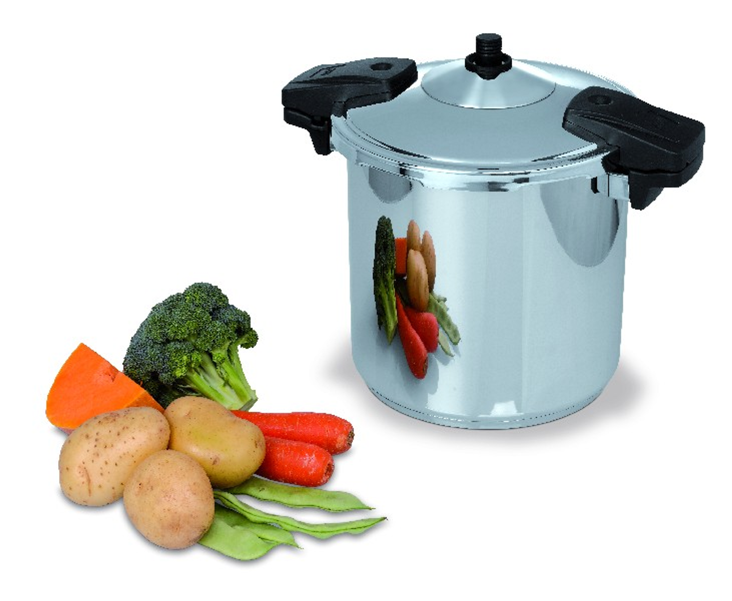 Olla a presión de acero inoxidable con verduras.