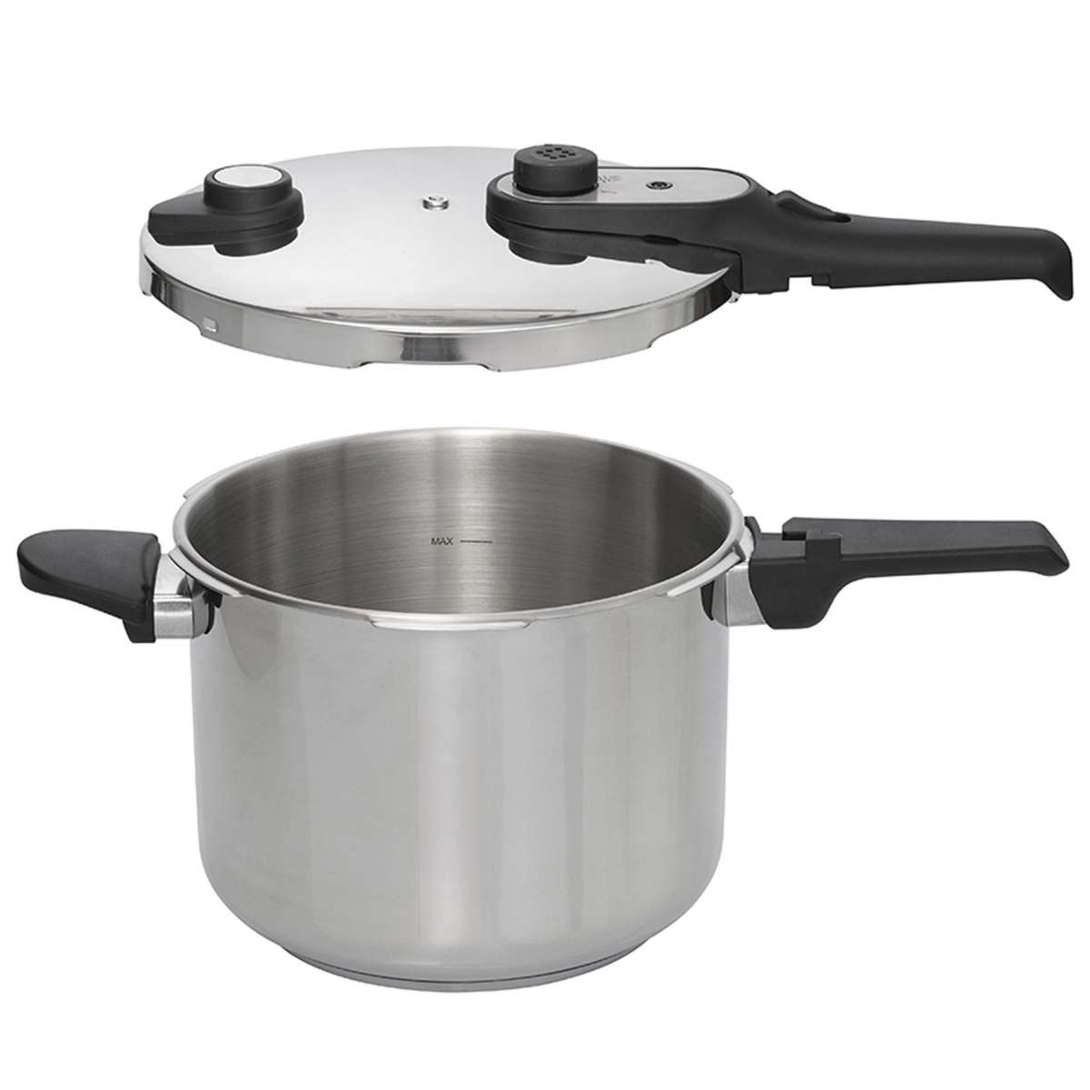 Olla a presión de acero inoxidable. La tapa está quitada y al lado de la olla. La olla tiene un asa negra.
