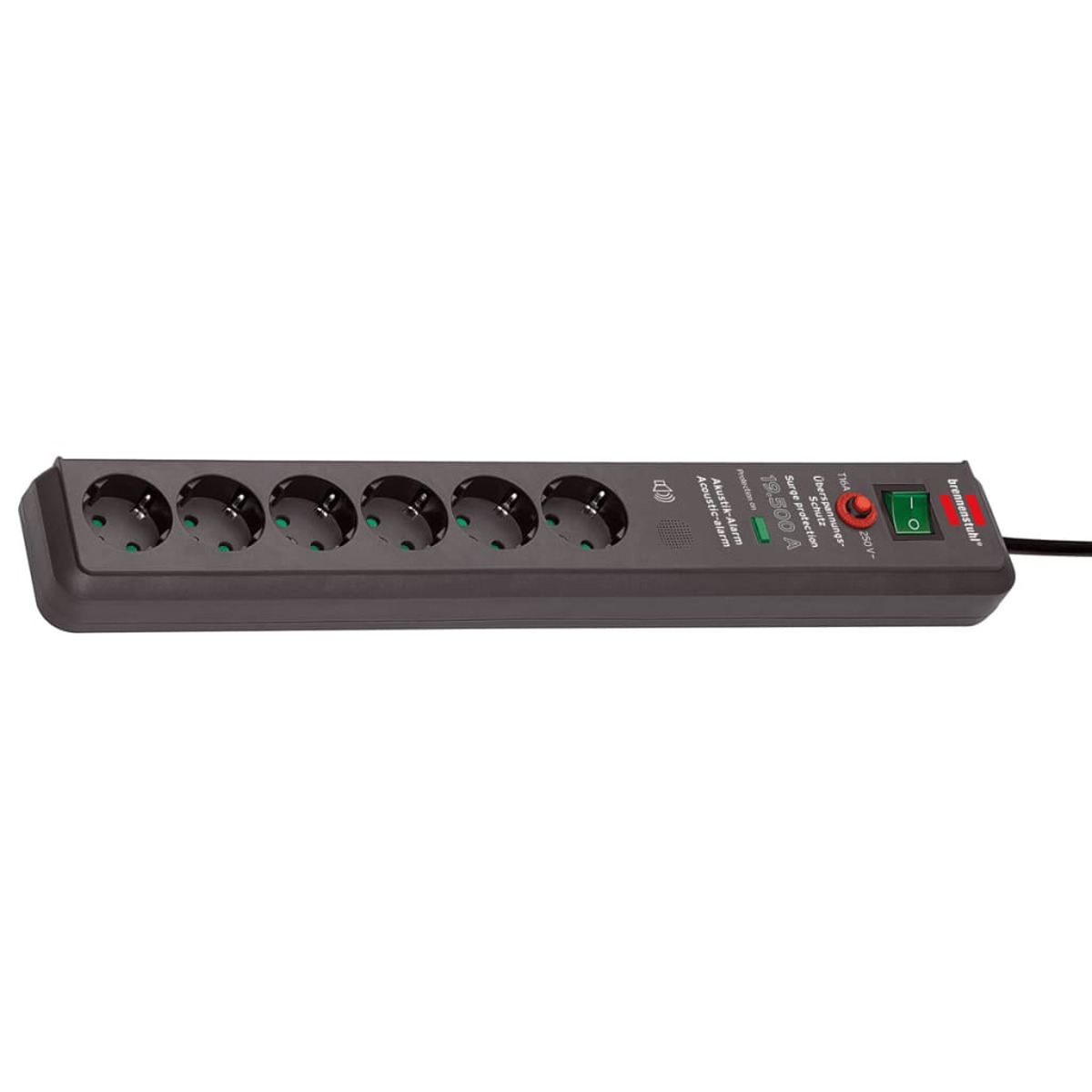 Black power strip with seven sockets, a red light, and an on/off switch. It has a black cable.
