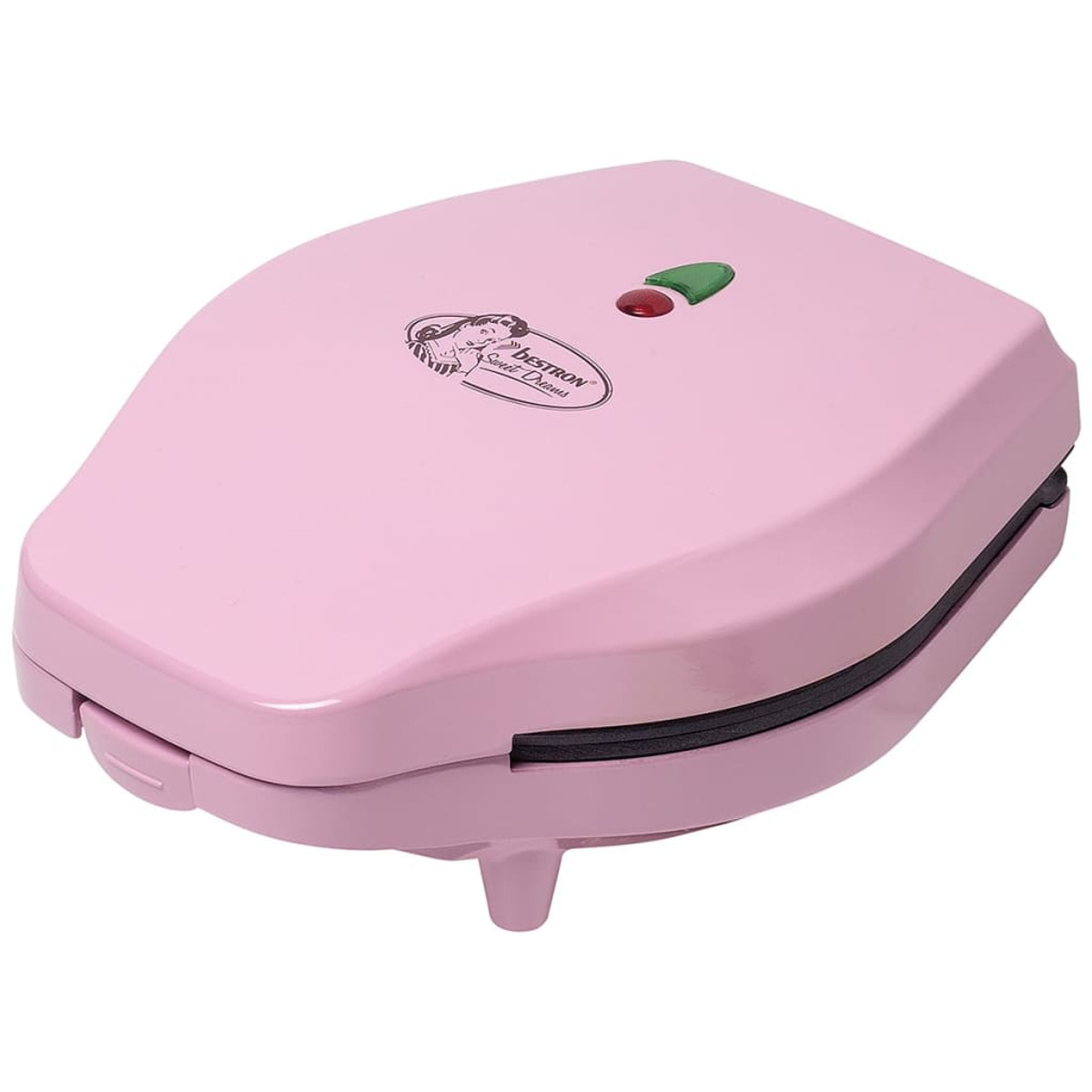 Máquina de gofres rosa con logotipo y luces verde y roja.