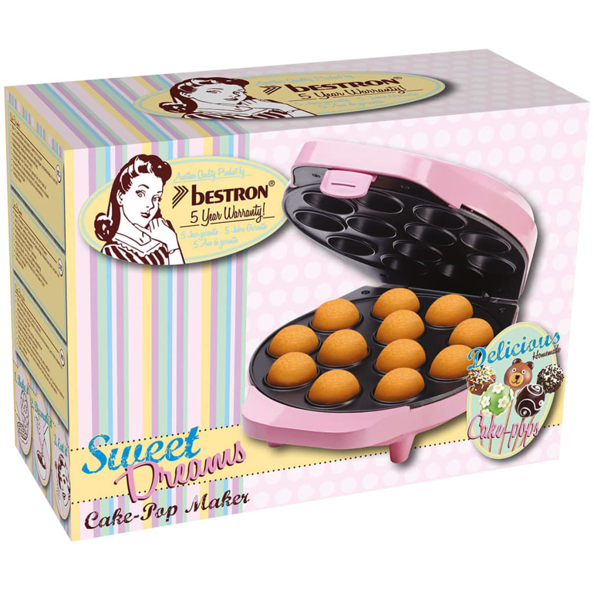 Máquina para hacer cake pops rosa con cake pops dentro. La caja muestra ilustraciones y texto.