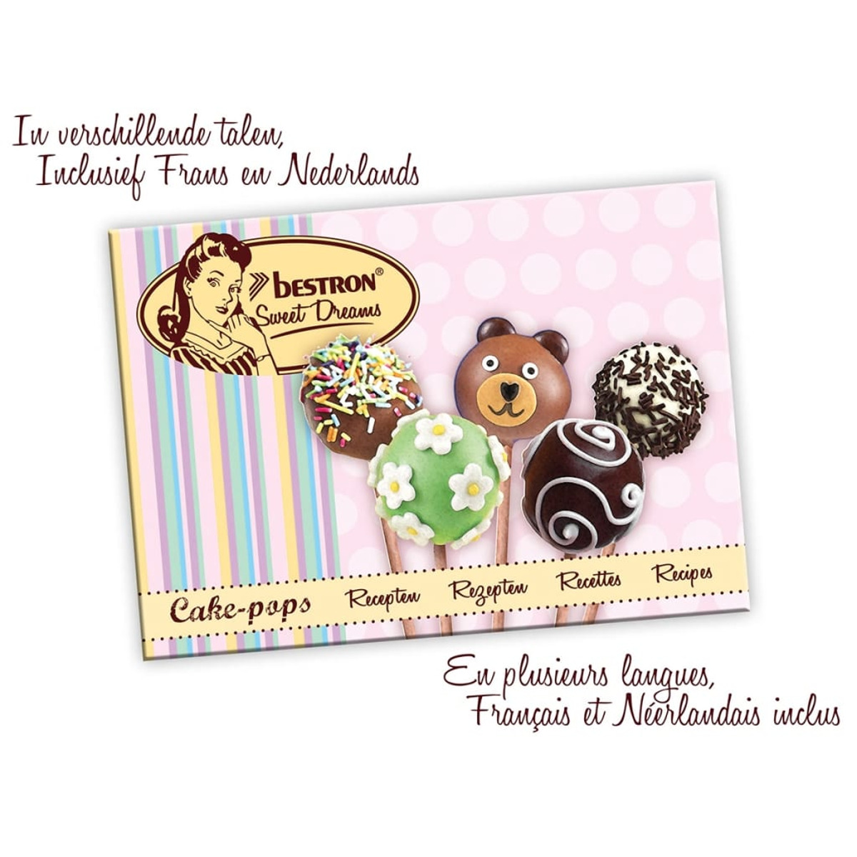 Una caja de cake pops con diferentes diseños. El texto en varios idiomas es visible.