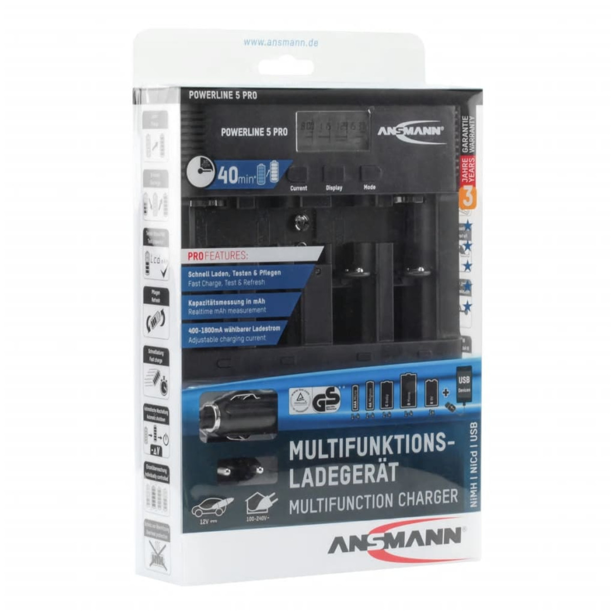 Batterieladegerät mit Display und mehreren Batterieschächten.