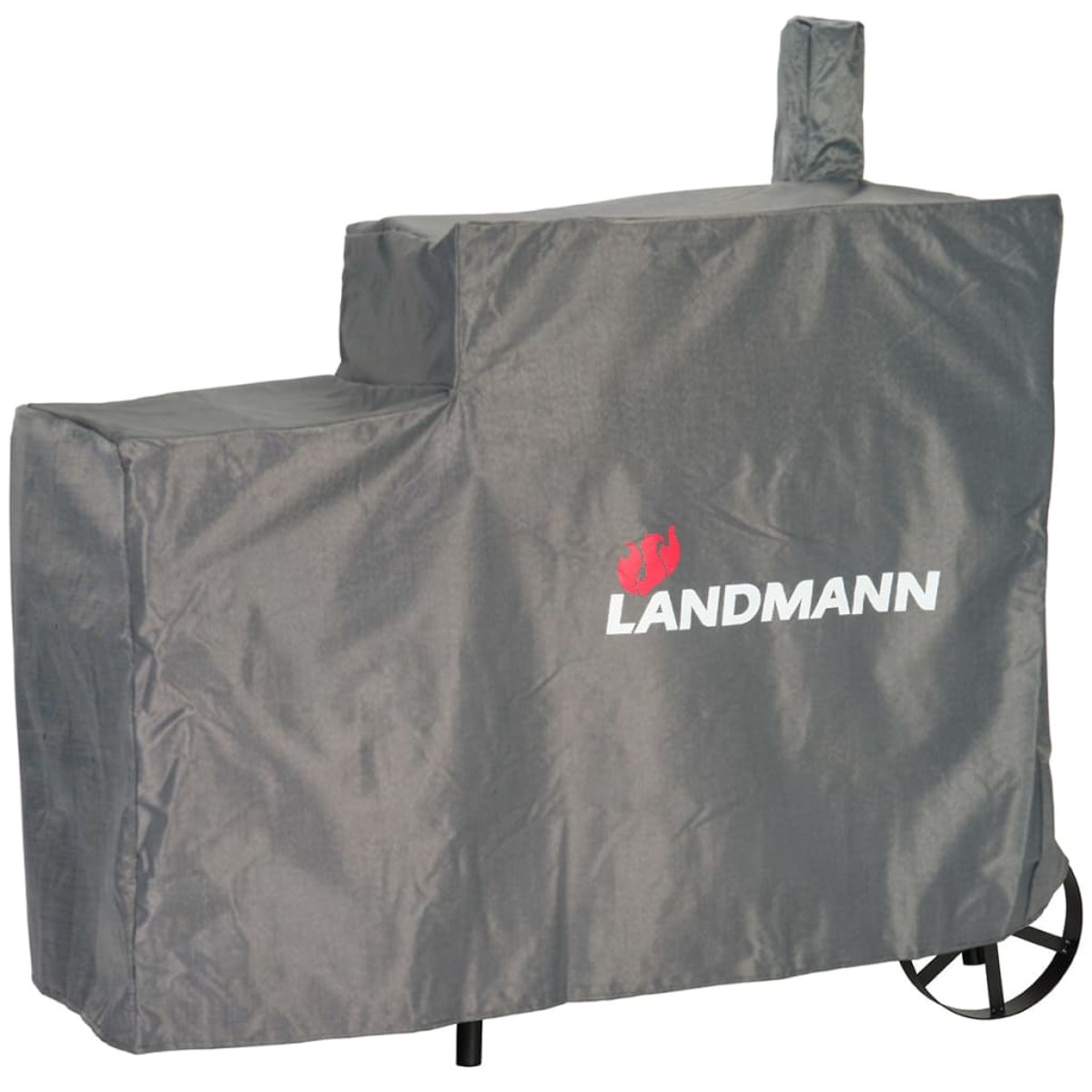 Un telo grigio per grill su una griglia Landmann. Il logo Landmann è visibile sul telo.