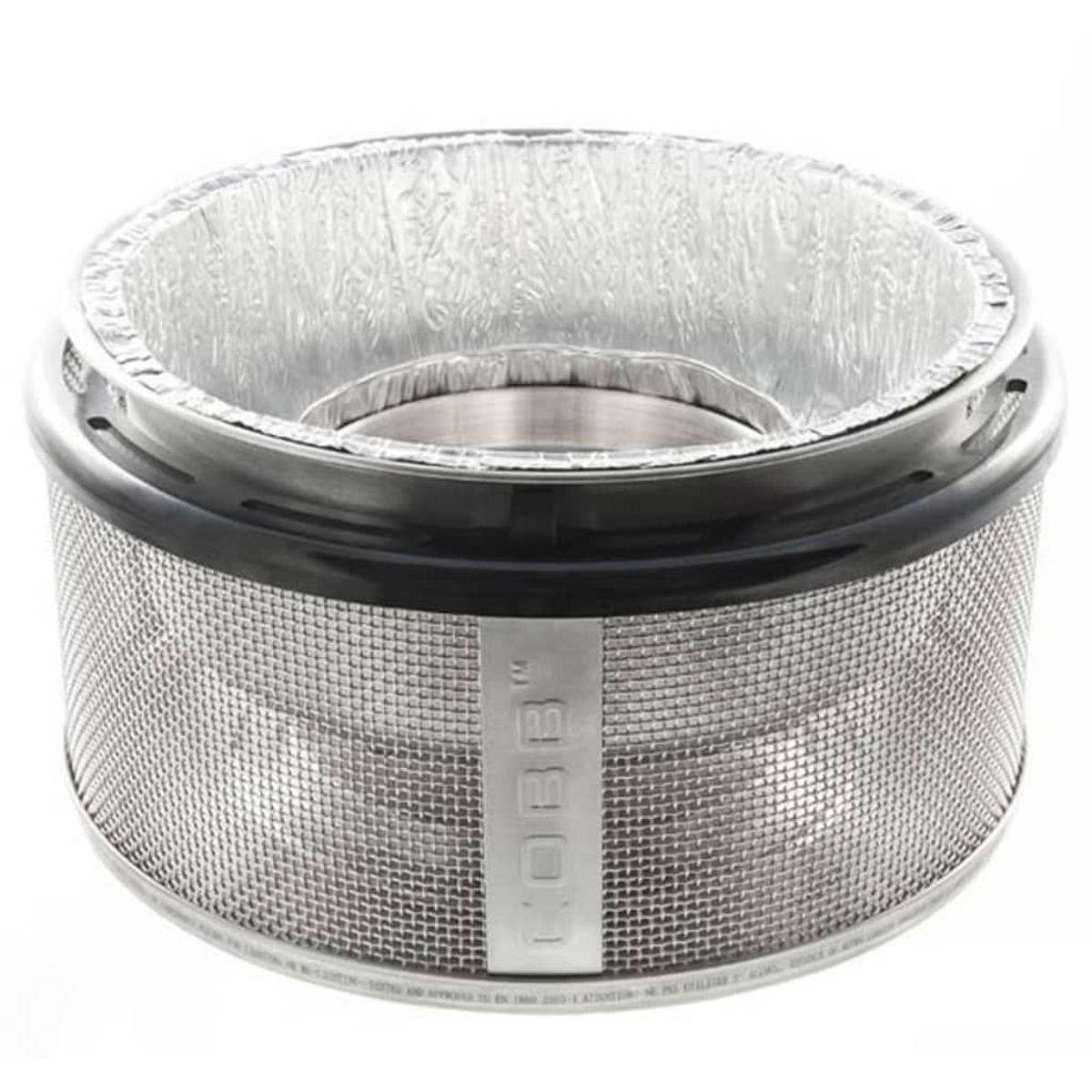 Okrągły metalowy kosz do grillowania. Srebrna siatka, czarna obręcz, folia wewnątrz. Widoczna marka CBB.