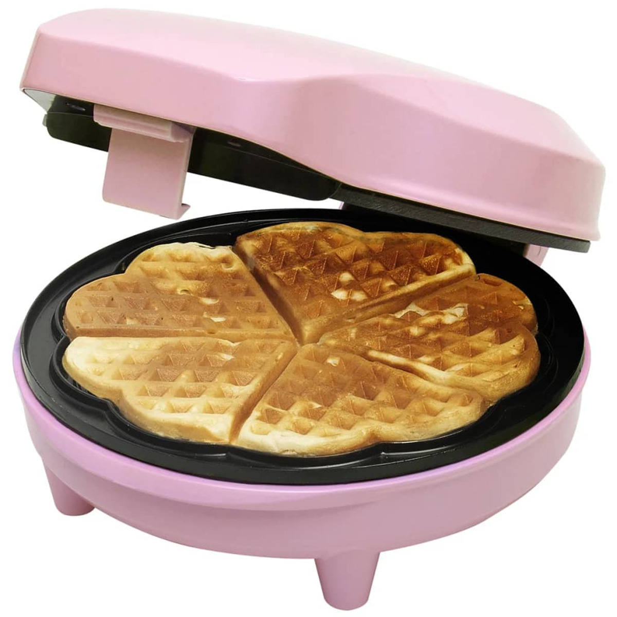Ein rosa herzförmiger Waffeleisen mit Waffeln darin.