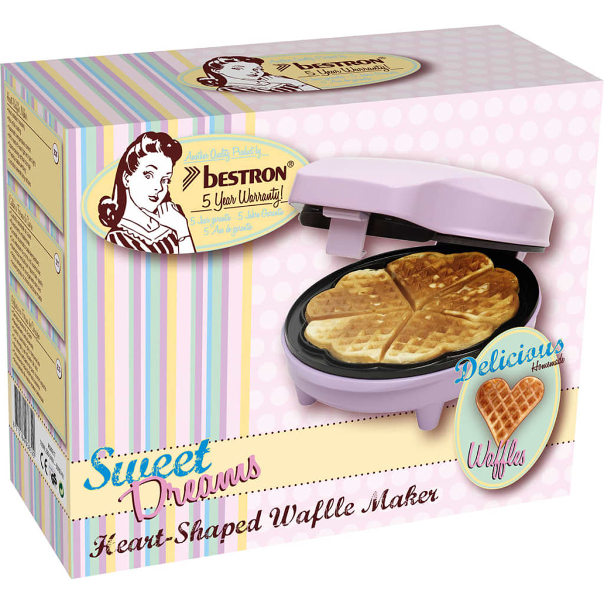 Rosa herzförmiger Waffeleisen mit Waffeln, Karton mit Damenillustration.