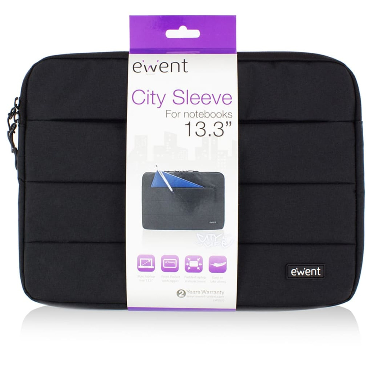 Custodia nera per laptop con etichetta bianca. L'etichetta dice 'City Sleeve' e '13.3"'. Il marchio è 'ewent'.