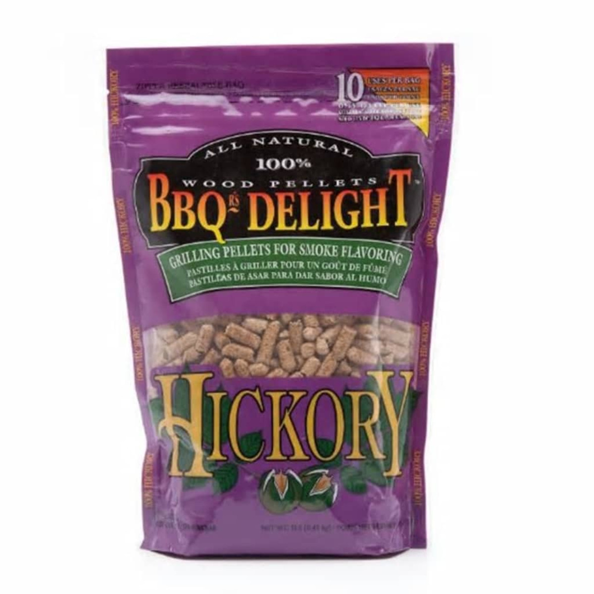 Sacchetto di pellet di legno di hickory BBQ Delight, confezione viola e marrone.