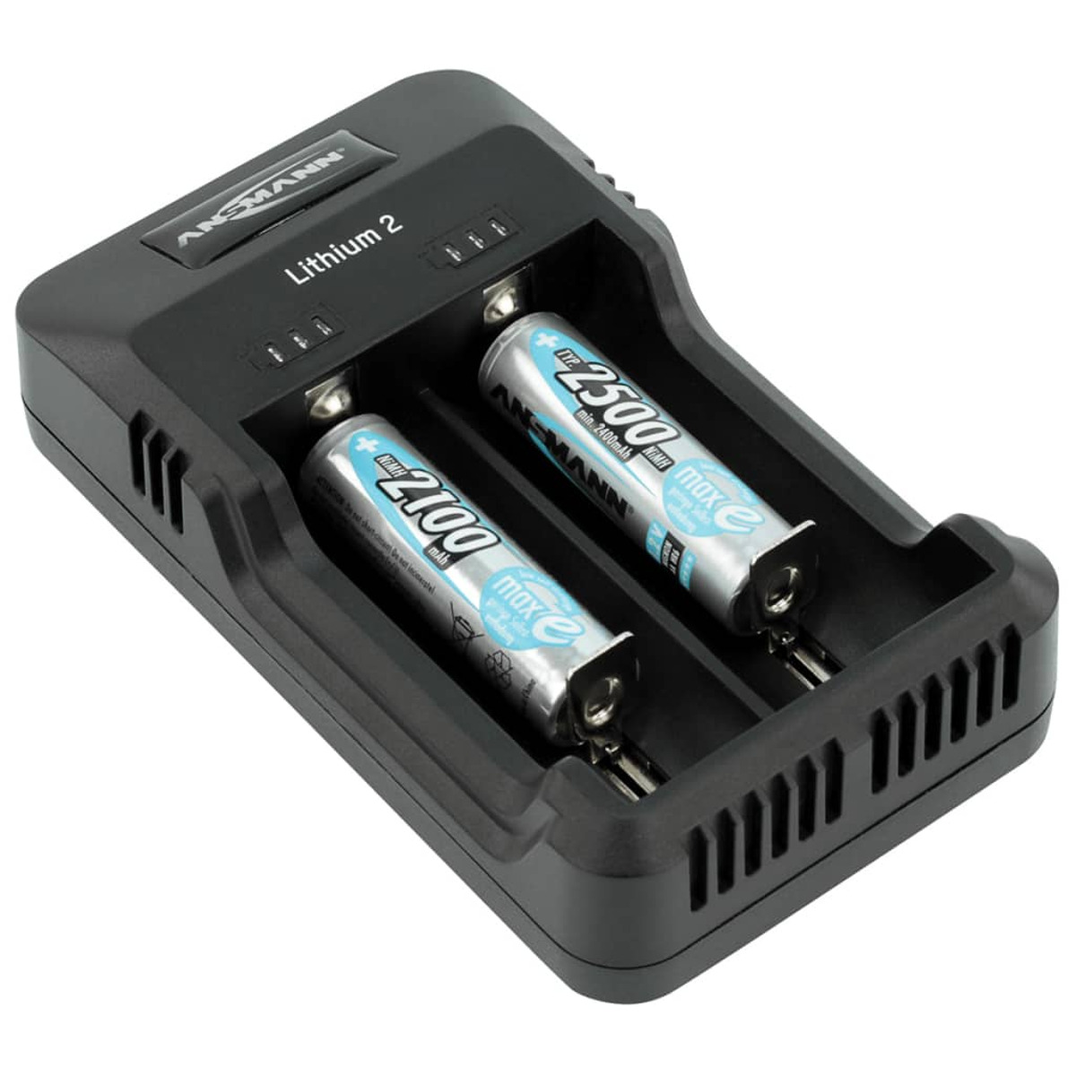Schwarzes Batterieladegerät mit zwei eingelegten Batterien.