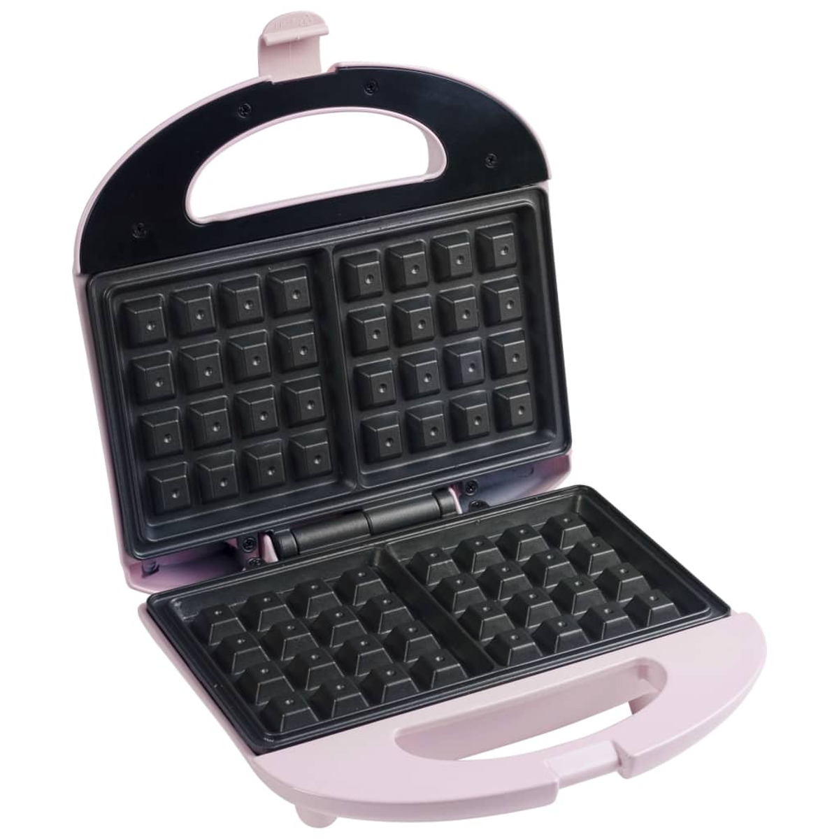 Różowa gofrownica, otwarta. Widoczne są dwie formy do gofrów, każda z kwadratowymi wgłębieniami.