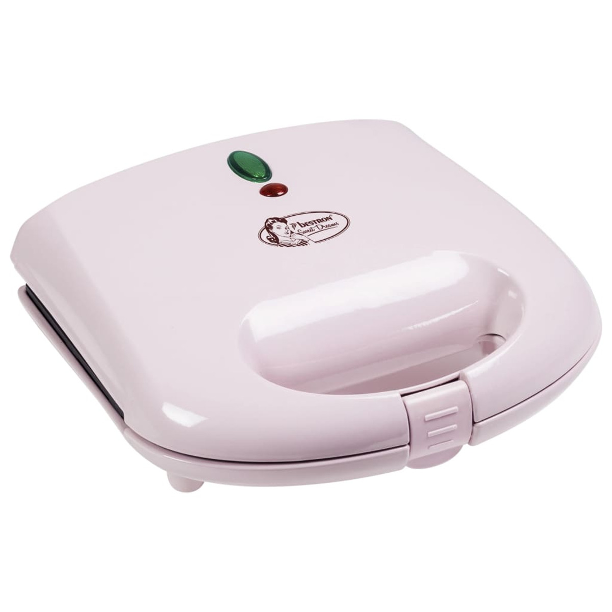 Różowa opiekacz do kanapek, widok z góry, z czerwonym i zielonym światłem.