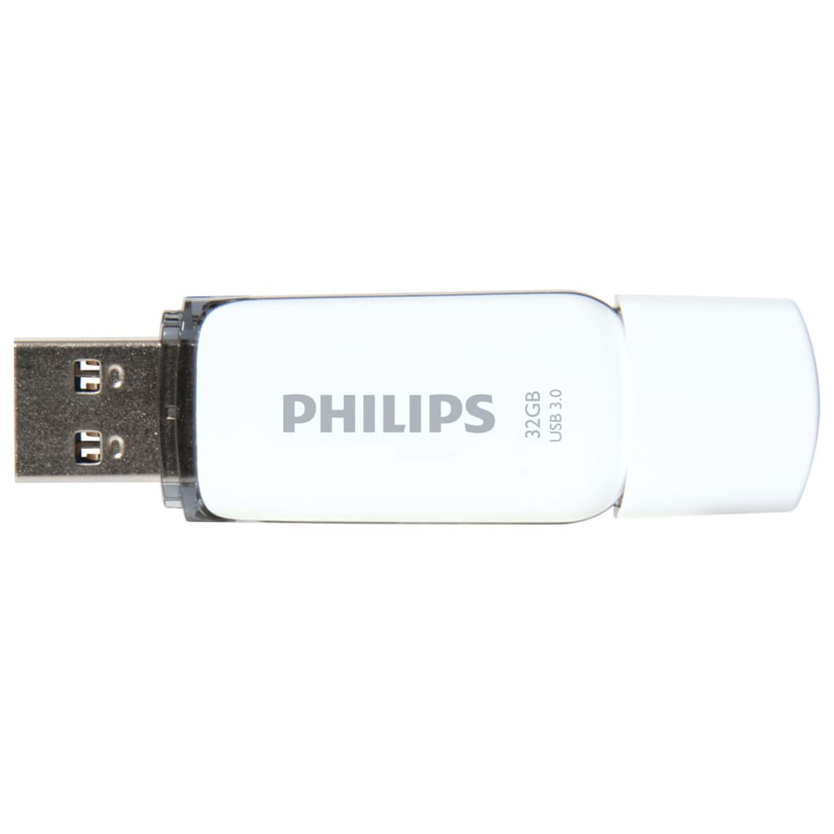 Biały pendrive Philips, 32GB USB 3.0, ze srebrnym złączem USB na białym tle.