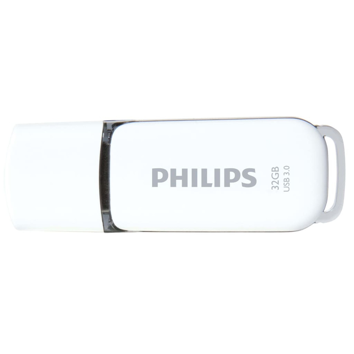 Biały pendrive Philips 32GB. Biała obudowa z logo Philips. Na białym tle.
