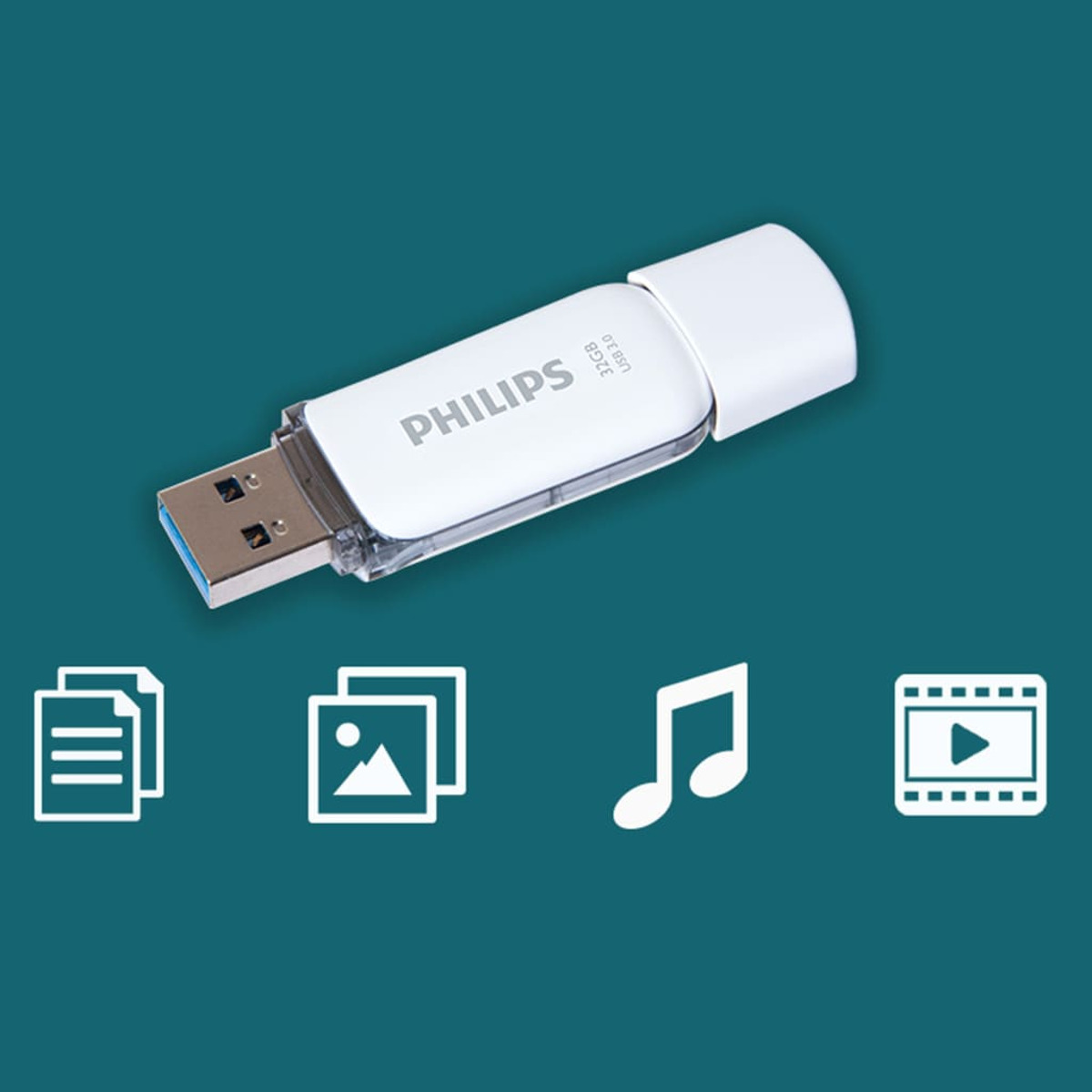 Biały pendrive Philips z ikonami dokumentów, zdjęć, muzyki i wideo na turkusowym tle.