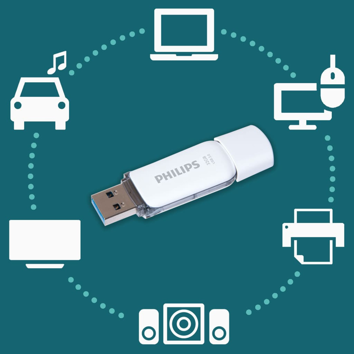 Biały pendrive z logo Philips otoczony ikonami.