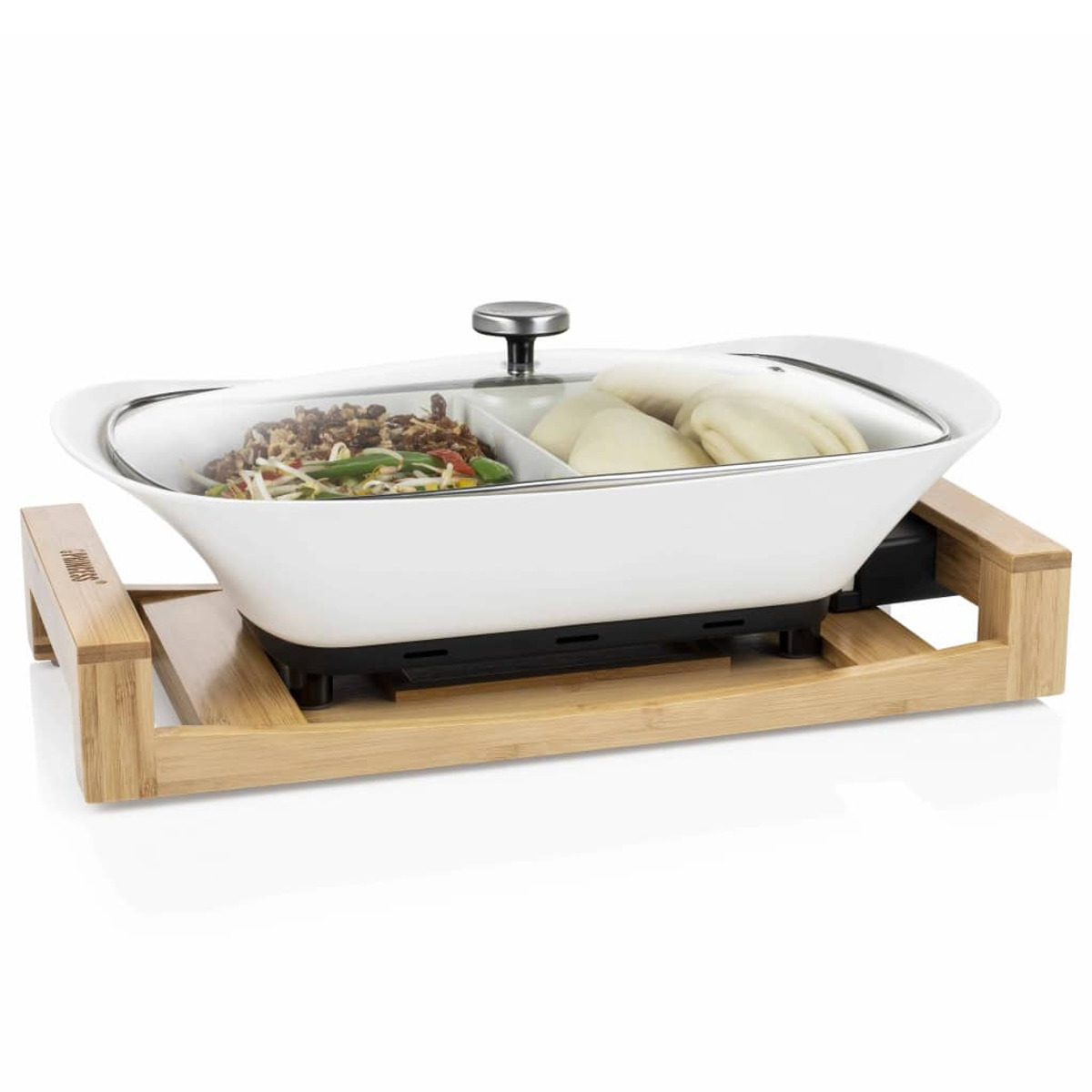 Calentador de alimentos eléctrico blanco y de madera con tapa transparente. Comida dentro.