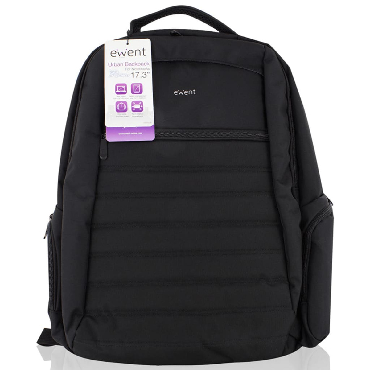Zaino nero con linee trapuntate orizzontali e etichetta viola.