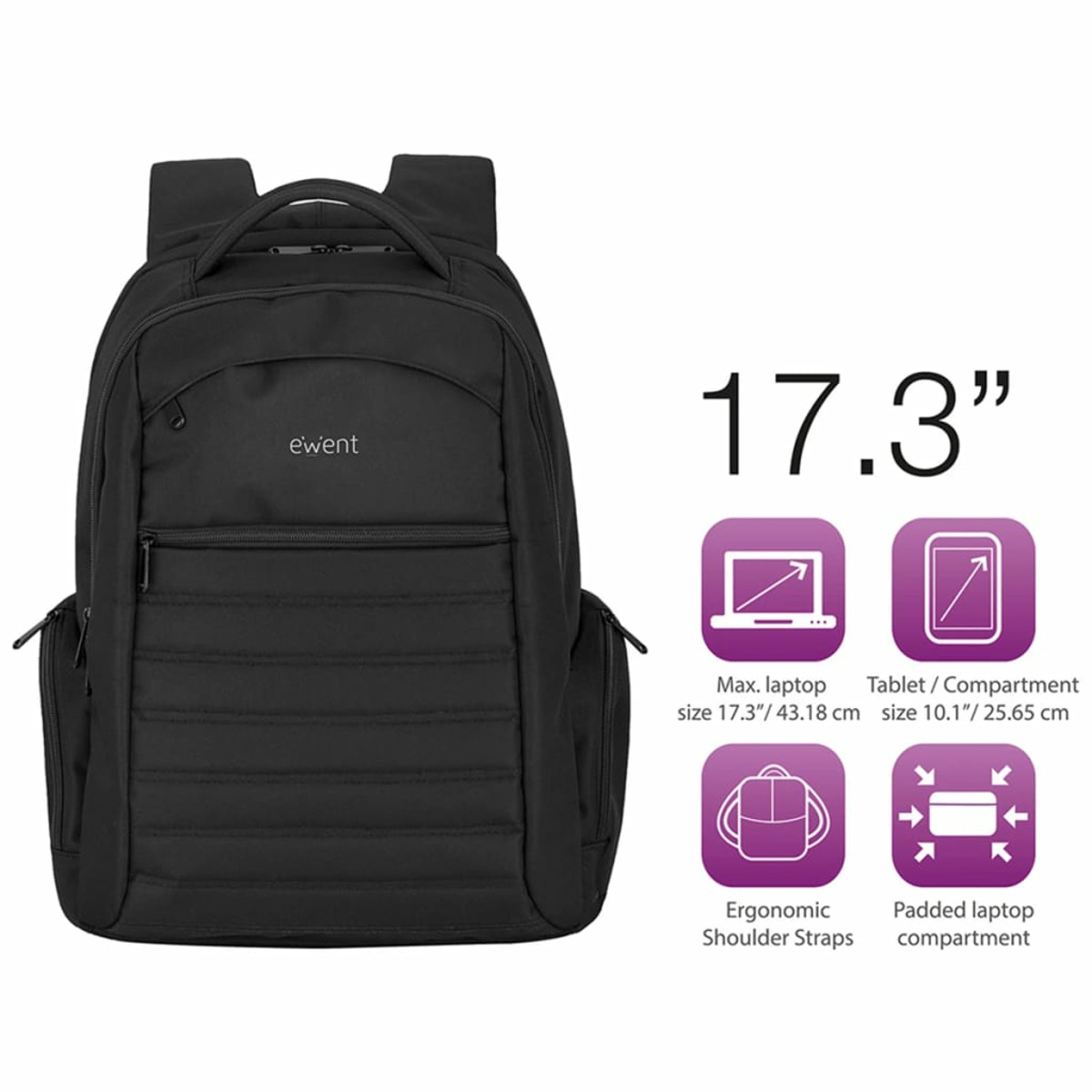Zaino nero con scomparto per laptop e tablet, 17,3 pollici.