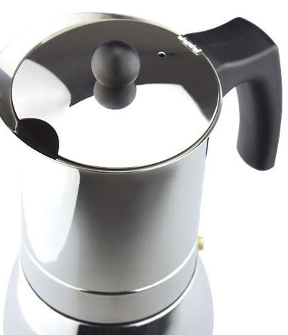 Cafetera de acero inoxidable. Tiene un asa negra y un pomo negro en la parte superior.