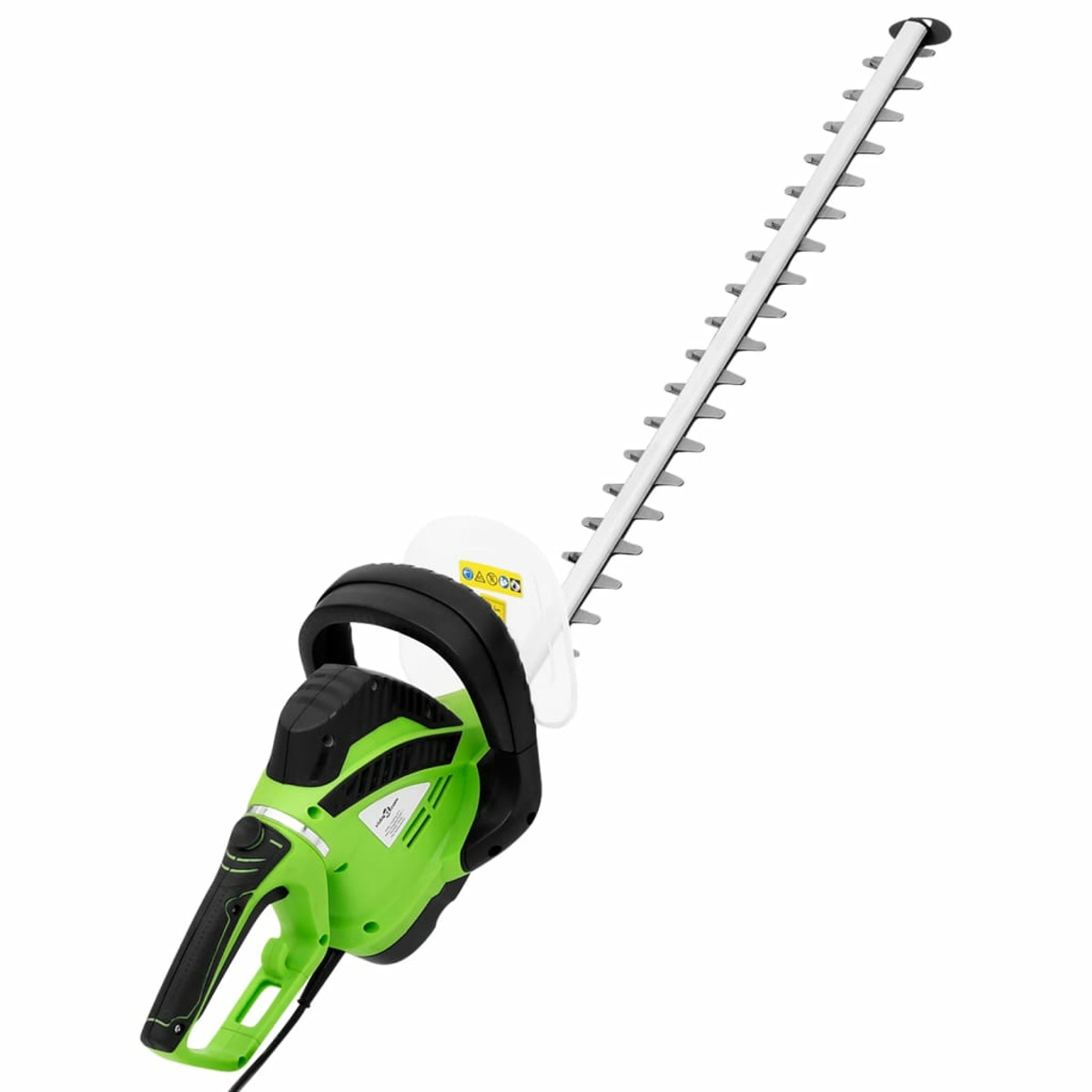 Grüne und schwarze Heckenschere mit langer Klinge und weißem Schutz. Sie ist nach oben abgewinkelt.