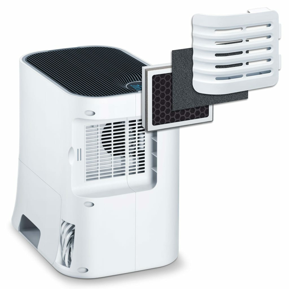 Un purificatore d'aria bianco con filtri e pannello di controllo.