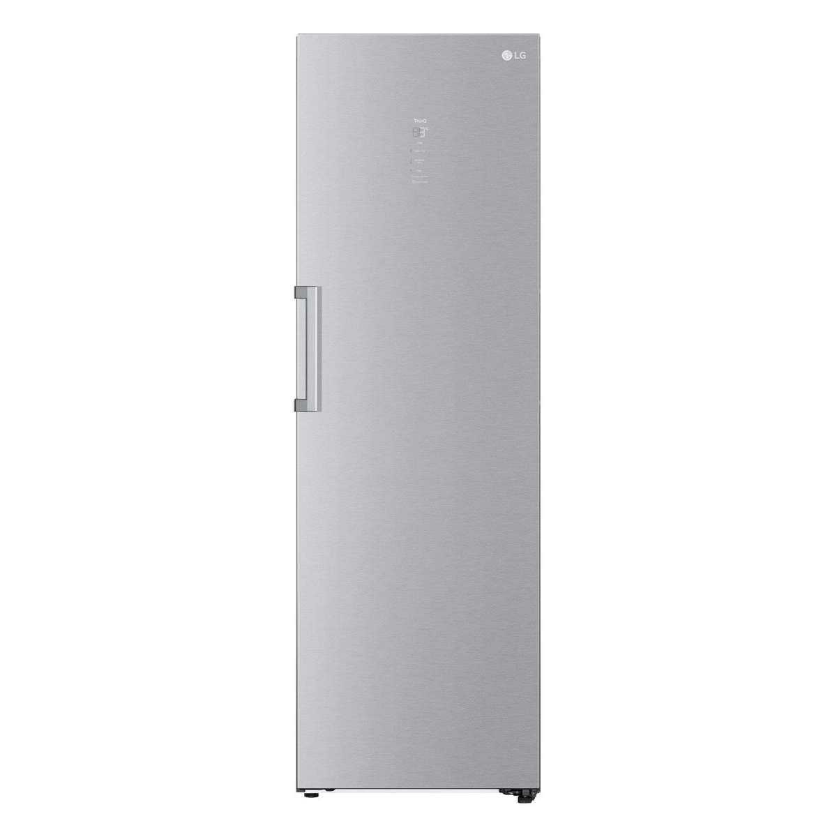 Frigorífico LG de acero inoxidable con asa. Es alto y tiene un diseño elegante. Fondo blanco.