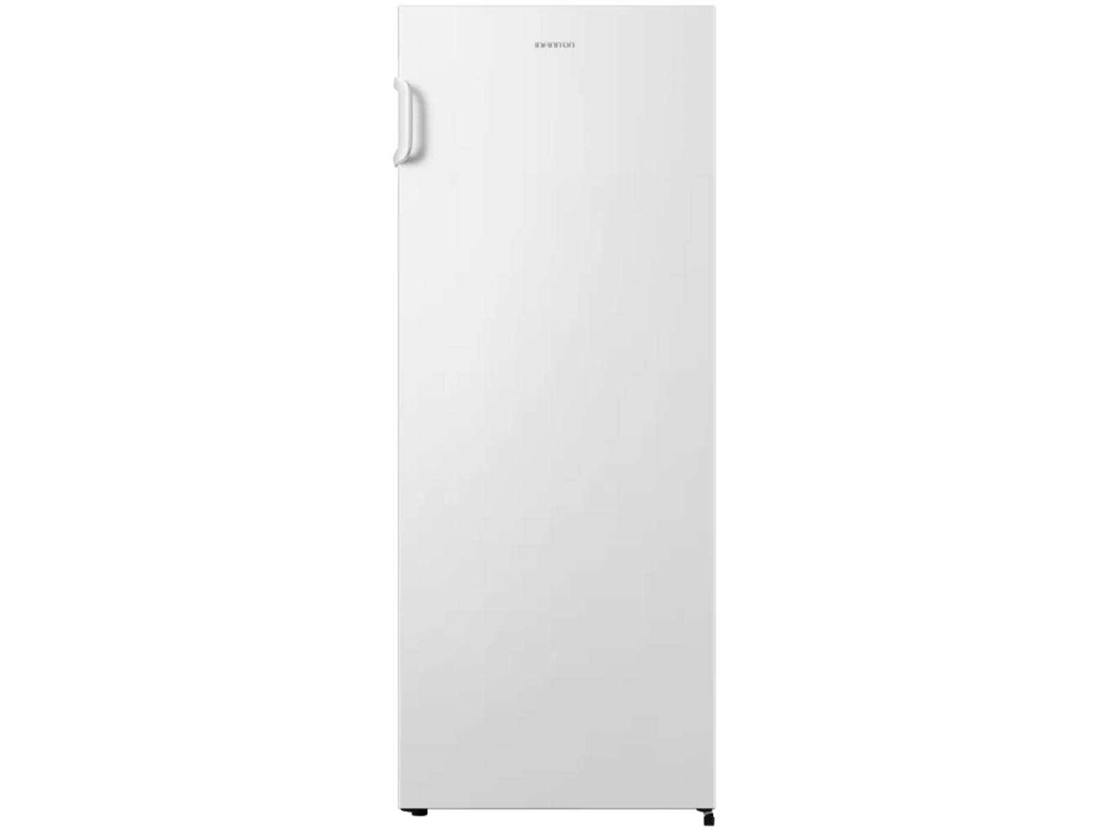 Un refrigerador blanco con una manija en el lado izquierdo. La marca es visible en la parte superior.