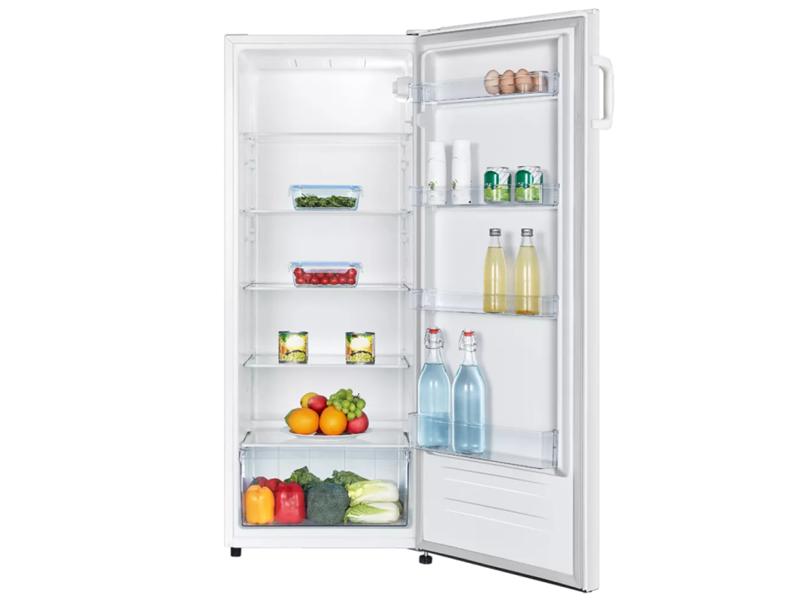 Interior de refrigerador con estantes que contienen alimentos como verduras y botellas.