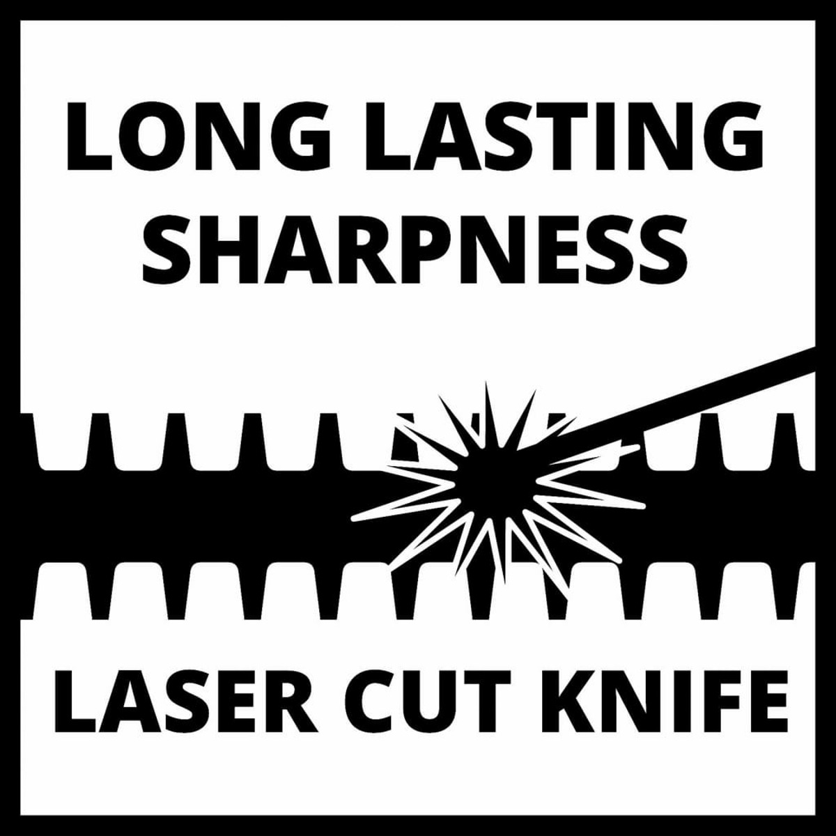 Schwarz-Weiß-Bild mit Text: Langlebige Schärfe, lasergeschnittenes Messer.