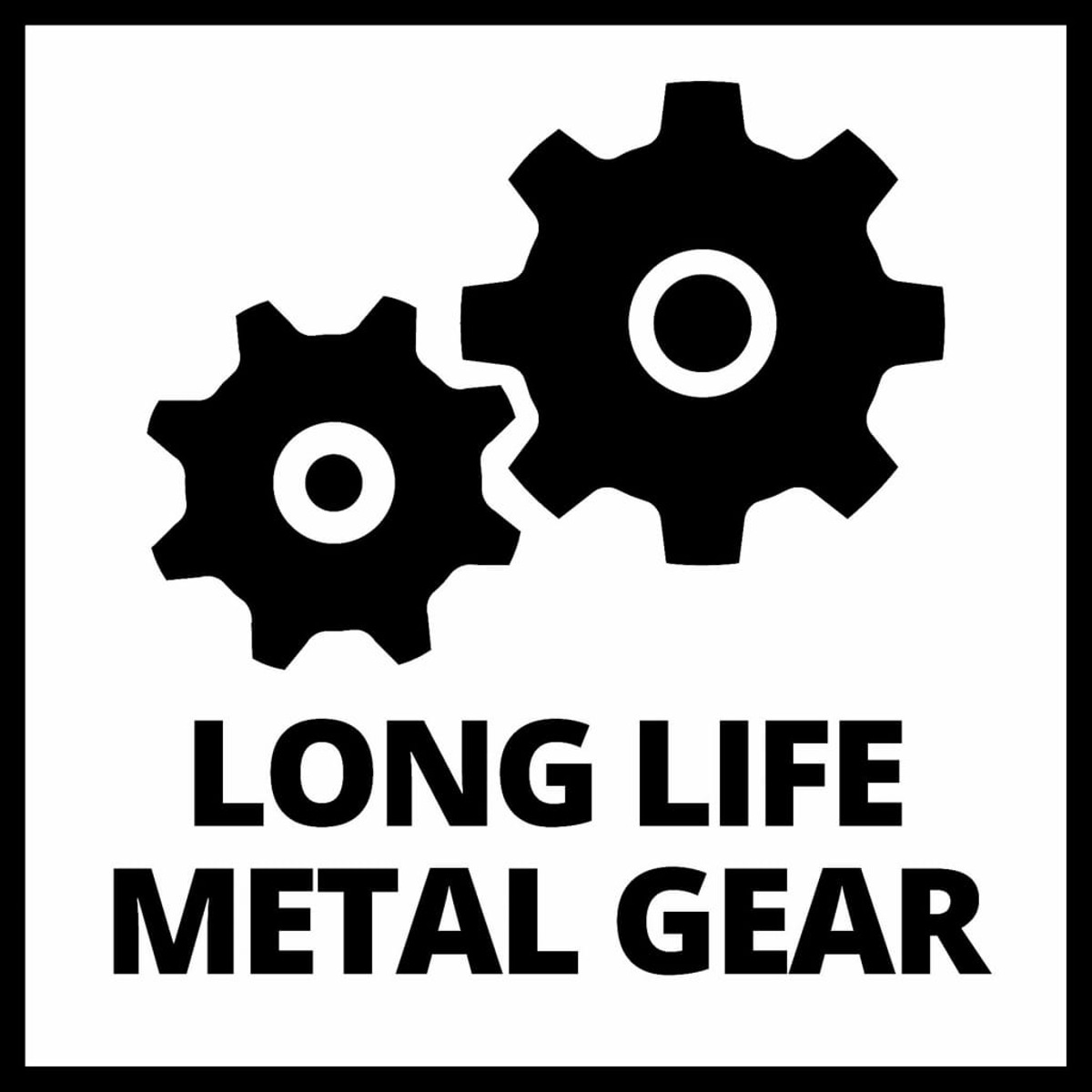 Zwei schwarze Zahnräder-Symbole mit dem Text "LONG LIFE METAL GEAR" auf weißem Hintergrund.