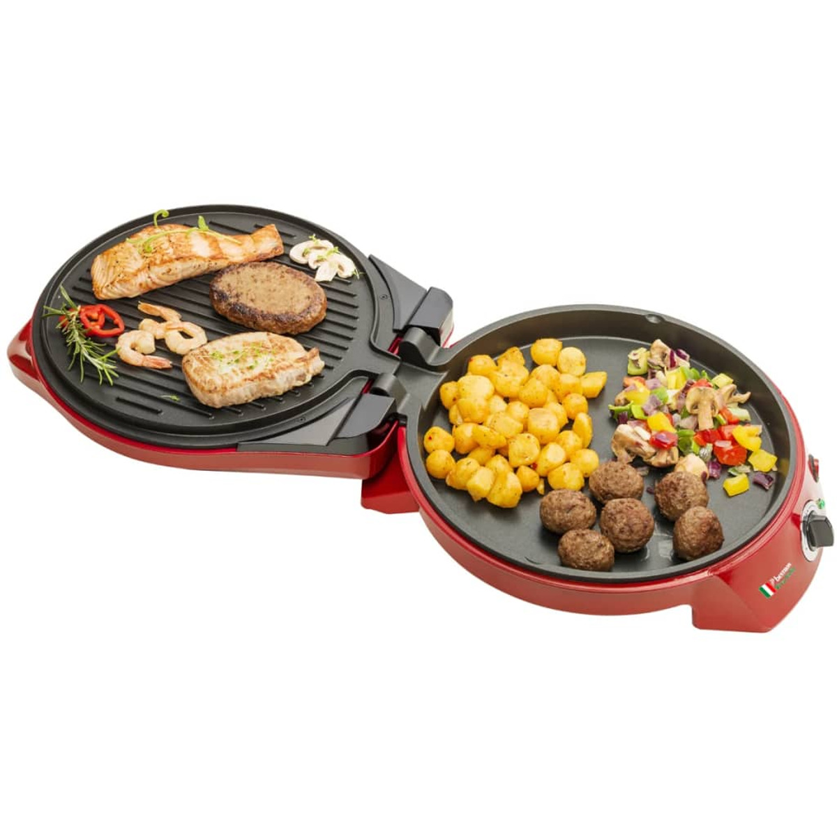 Elektrogrill mit zwei Kochflächen, eine mit gekochten Speisen. Rotes Gehäuse, weißer Hintergrund.