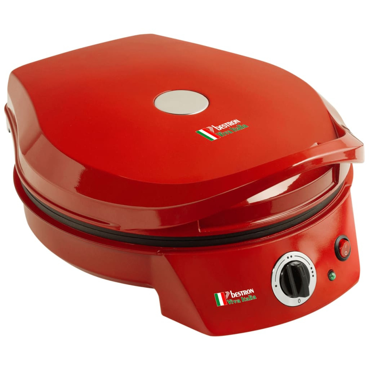 Rote Pizzamacher-Maschine mit Griff, Drehknopf und Knöpfen auf weißer Oberfläche.
