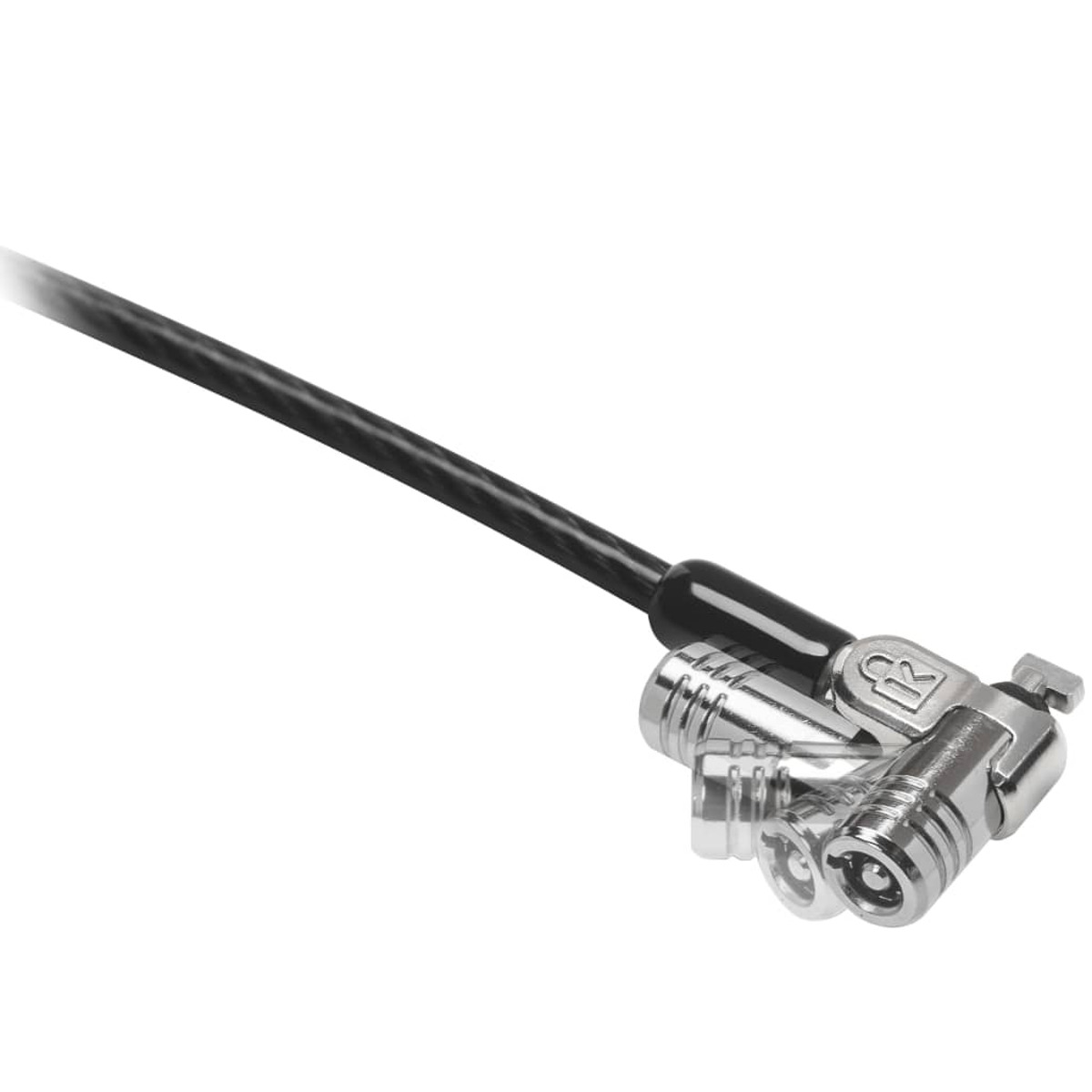 Nahaufnahme eines silbernen Sicherheitskabelschlosses mit schwarzem Kabel.