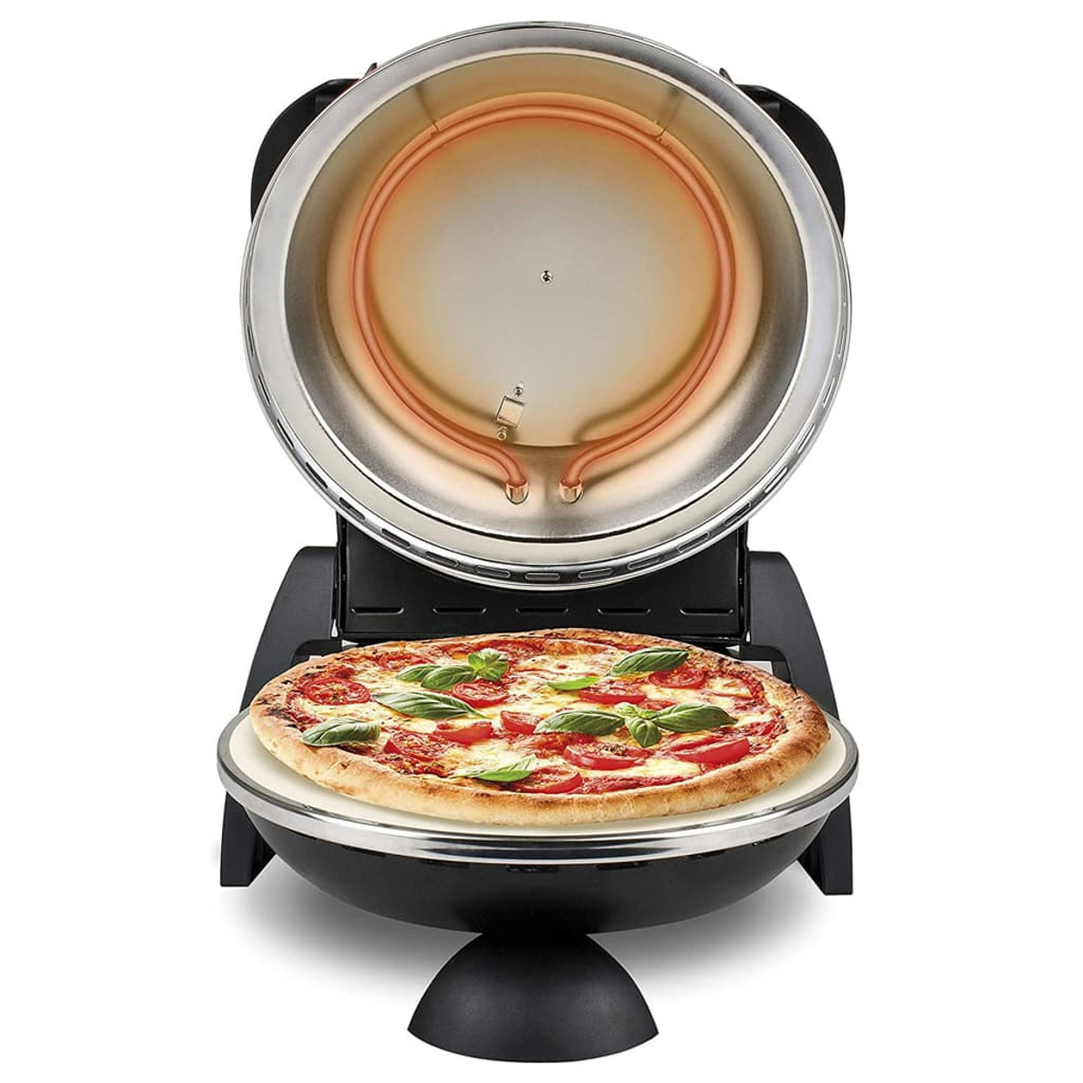 Pizza en un horno de pizza. La parte superior está abierta, con un elemento calefactor visible.