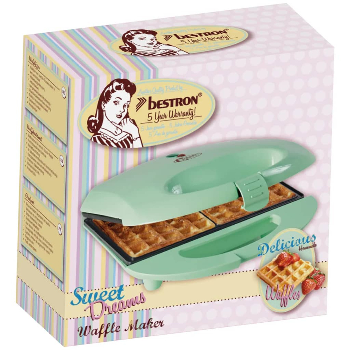 Una macchina per waffle verde menta dentro una scatola con illustrazione e testo vintage.