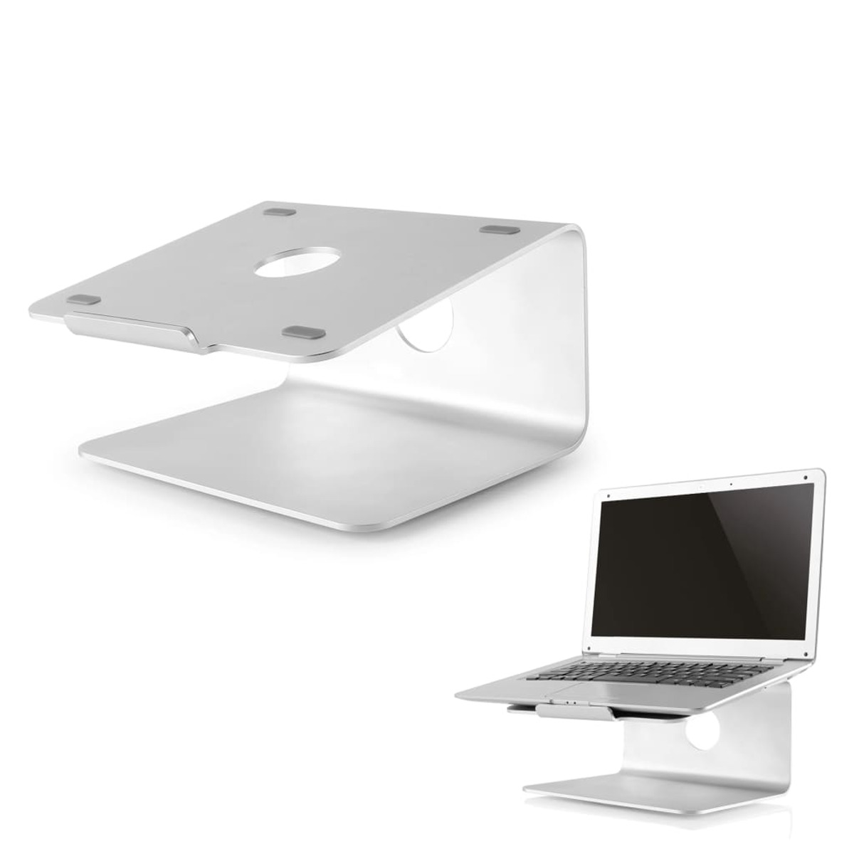 Supporto per laptop argentato, con e senza laptop, su sfondo bianco.