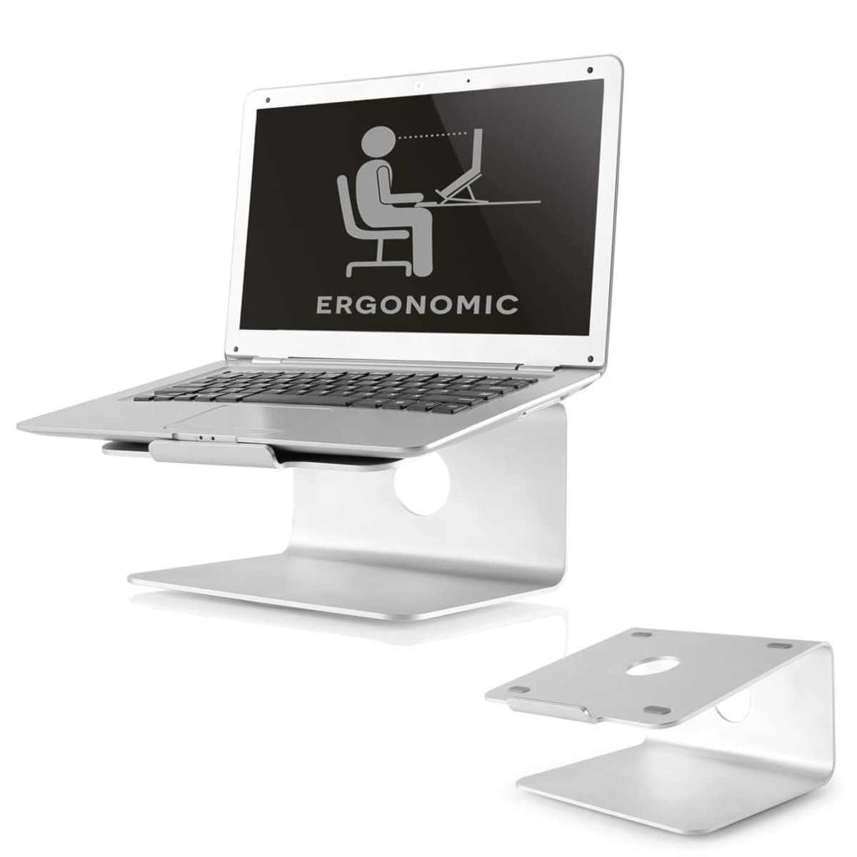 Un laptop su un supporto argentato con icona ergonomica sullo schermo.