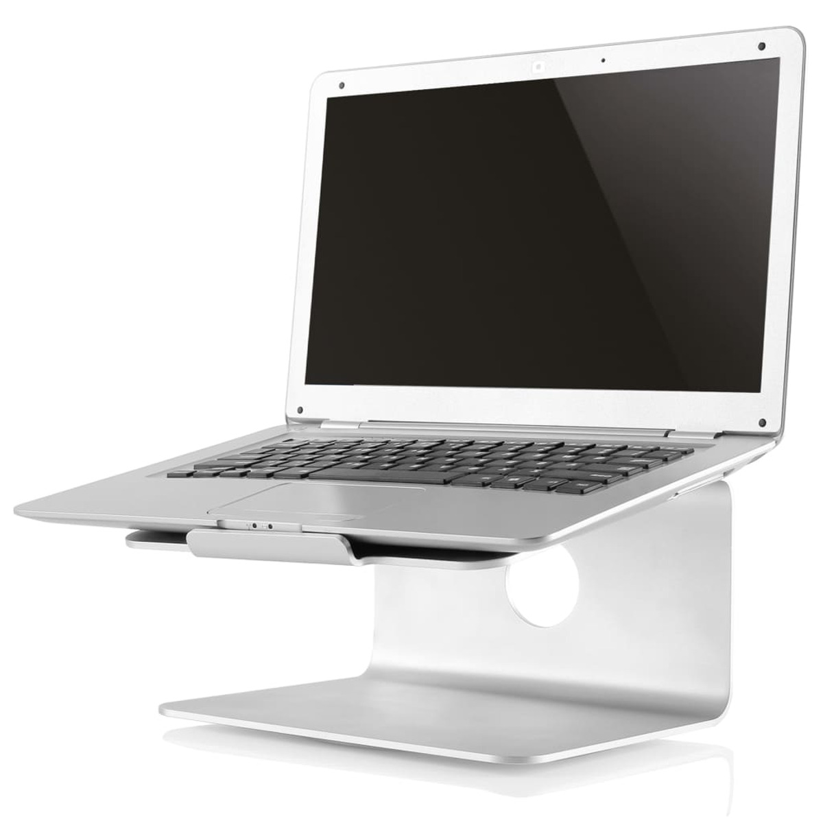 Un laptop d'argento su un supporto d'argento, con schermo nero.