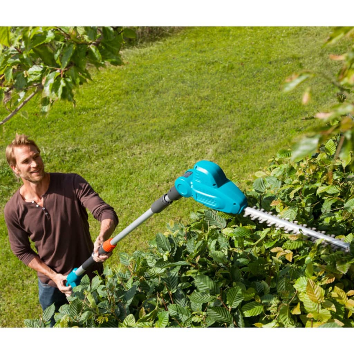 Ein Mann schneidet mit einer elektrischen Heckenschere mit langem Stiel eine Hecke auf einem grünen Rasen.