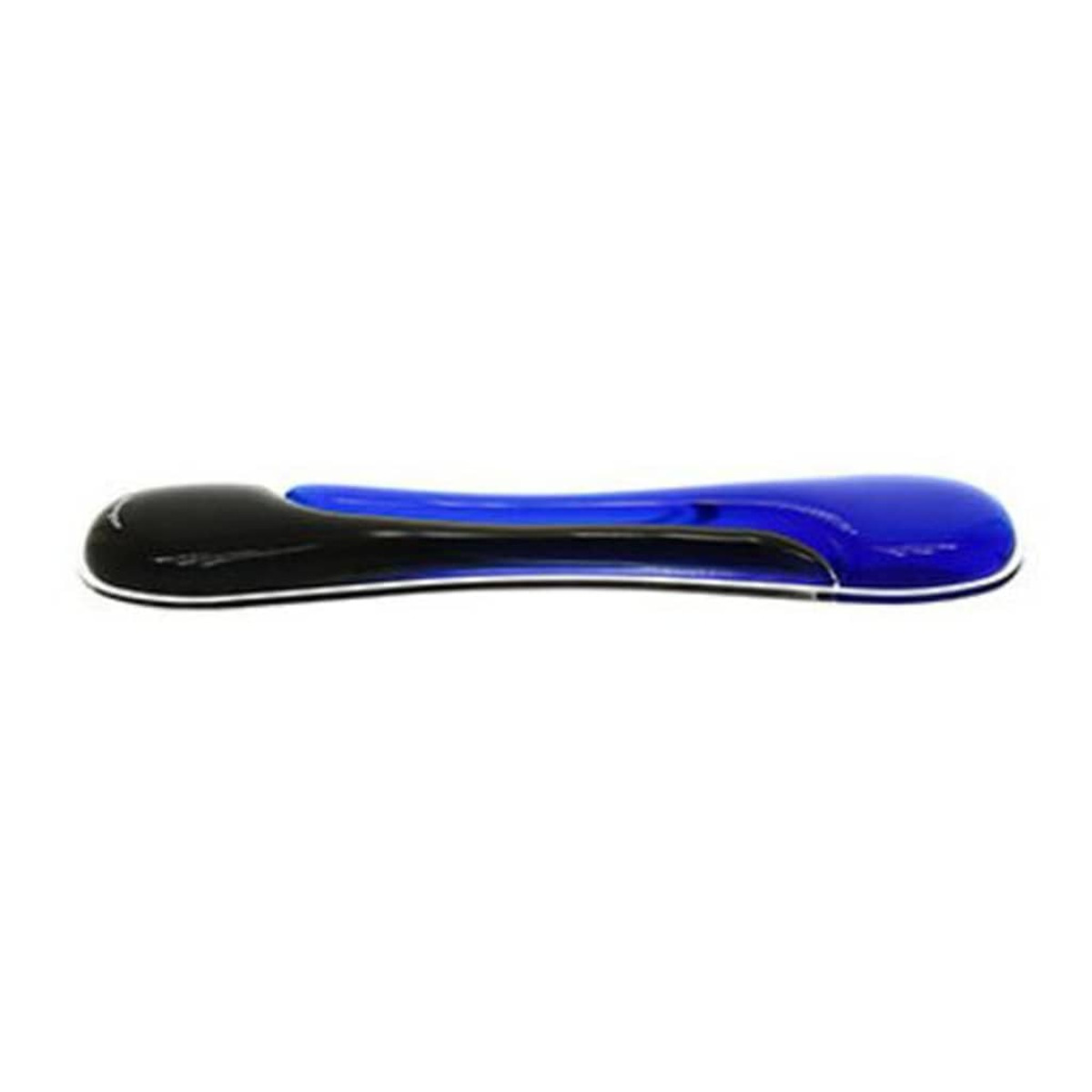 Reposamuñecas ergonómico negro y azul con forma curva sobre fondo blanco.