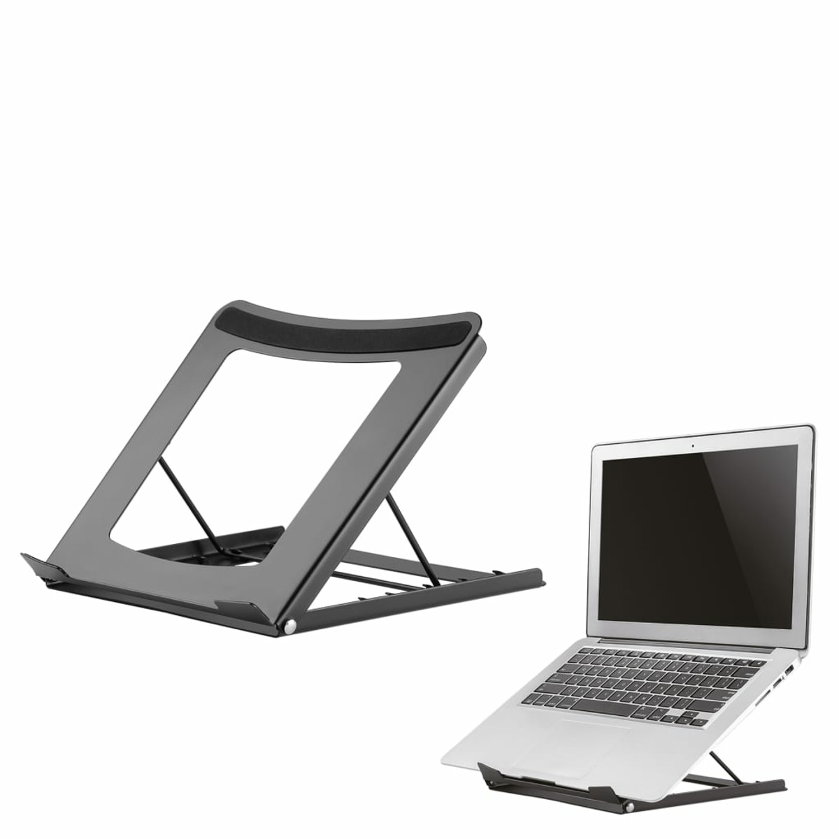 Laptopständer und ein Laptop in heller Umgebung. Der Laptop ist silberfarben.