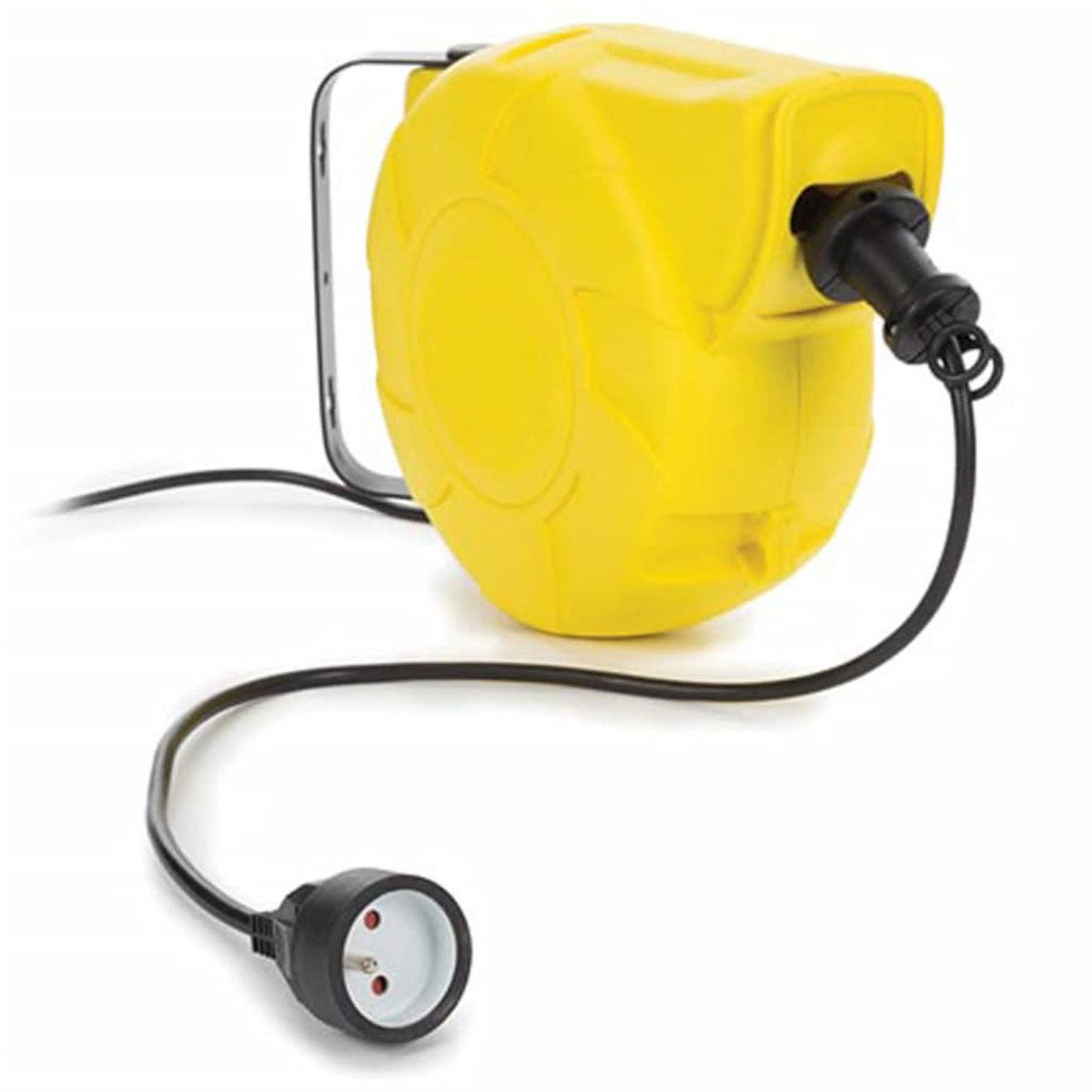 Eine gelbe Kabeltrommel mit schwarzem Kabel und Stecker, vor weißem Hintergrund.