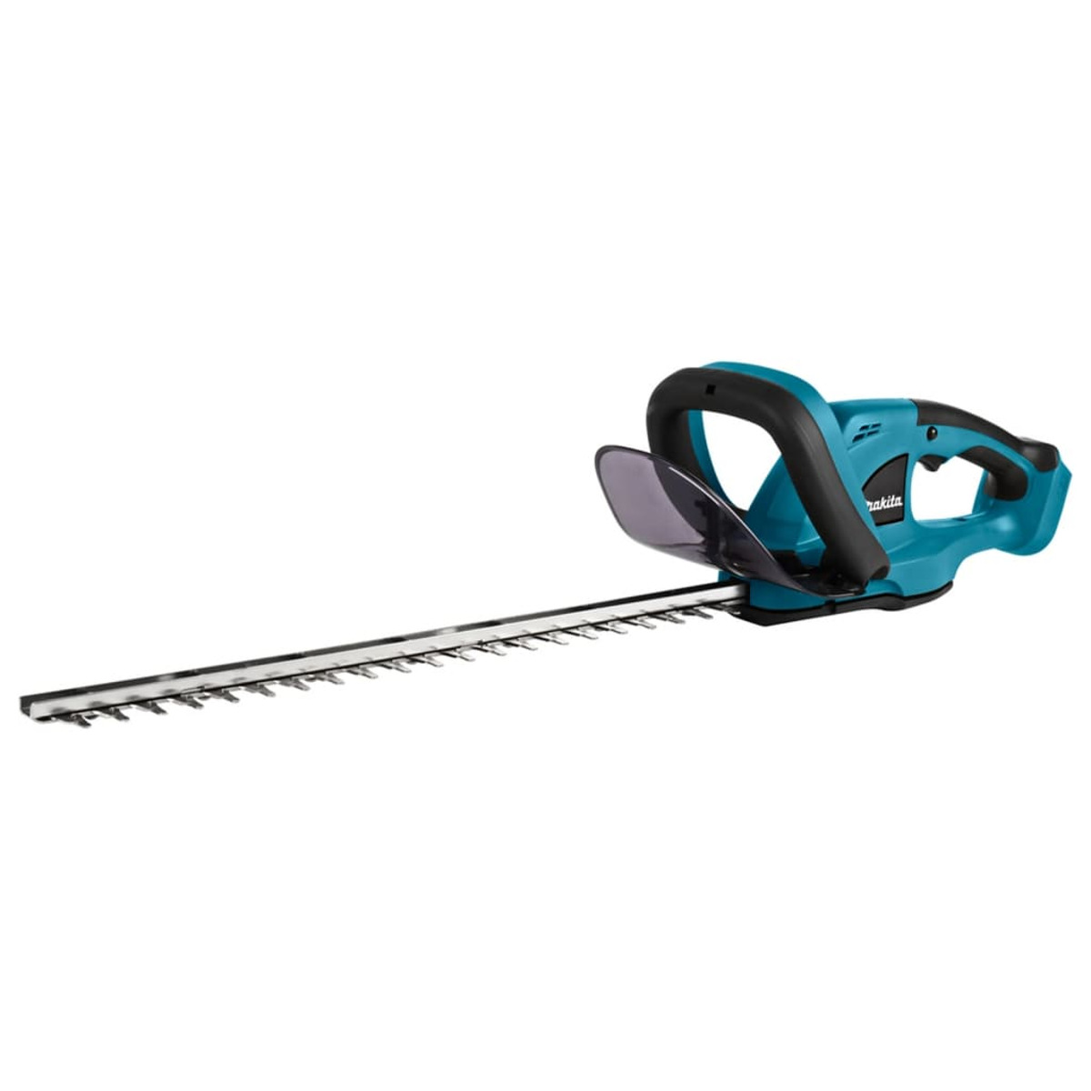 Heckenschere in Türkis und Schwarz mit ausgeklappten Klingen.