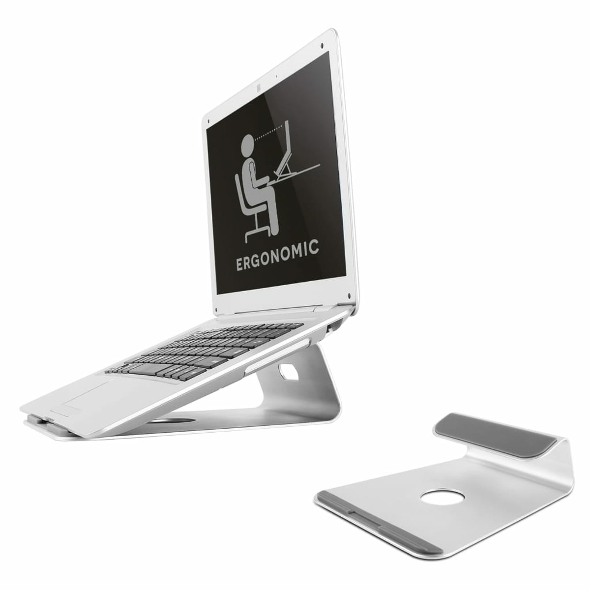 Laptop on a silver stand, with an ergonomic posture icon on the screen.
