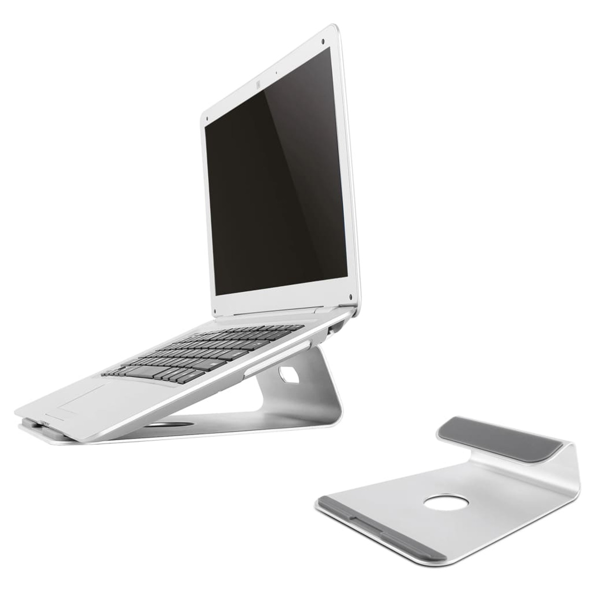 A laptop on a silver laptop stand. A second stand is on the right. White background.