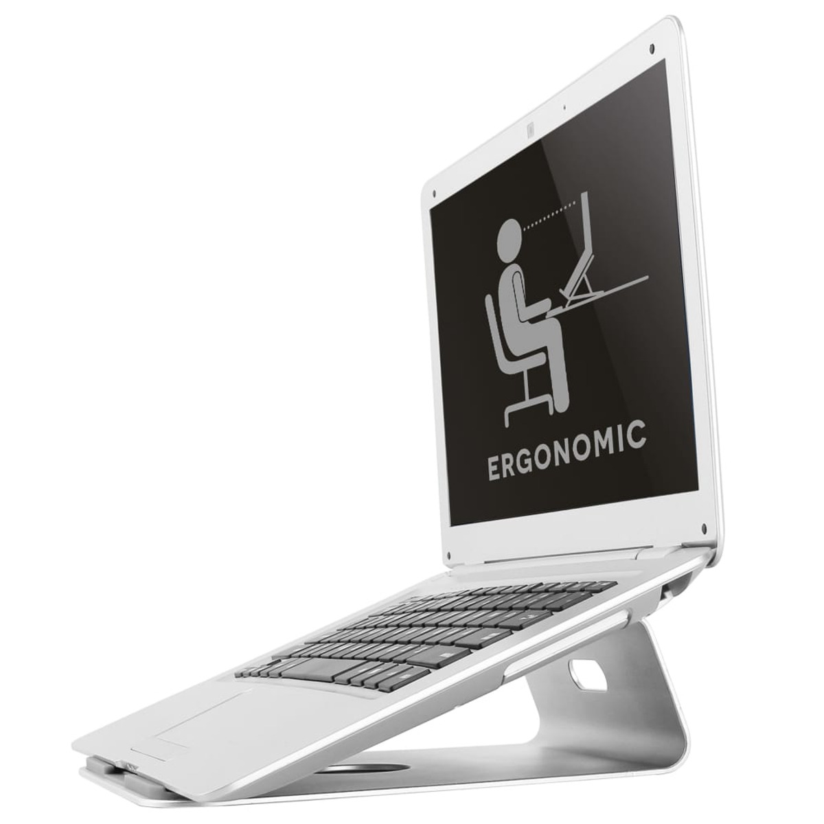 Laptop on a white angled stand. Screen shows an ergonomic posture icon and the word 'Ergonomic'.